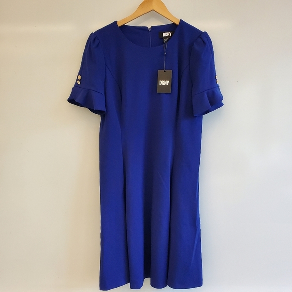 DKNY Blue Sheath Dress with Puff Sleeves - Picture 1 of 8